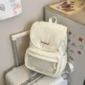 Milky yellow and brown cute canvas backpack with clear front pocket for daily use - No Pendant / White
