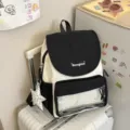 Mochila casual en blanco y negro con bolsillo frontal transparente y bonito colgante de estrella - Con Colgante / Negro