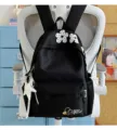 Casual black student backpack with white floral embroidery and star pendant for daily use. - L / Polka Dot Bow Star / Black White Pattern