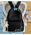 Black student casual backpack with cute embroidery and pendant, stylish everyday school bag for teens. - L / Polka Dot Bow Star / Black With Blue Flowers