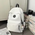 Minimalist white nylon student backpack with globe letter logo, stylish daily school bag for girls. - Without Pendant / White