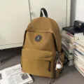 Khaki nylon student backpack with globe A logo, simple minimalist daily bookbag. - Without Pendant / Khaki