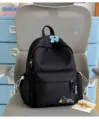 Black embroidered student backpack, casual lightweight school bag with cute floral decorations. - S / No Pendant / Black With Blue Flowers