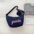 Dark blue canvas shoulder bag with pink letter print, stylish crossbody bag for women daily use - Navy Blue