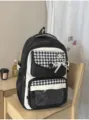 Black white plaid backpack with clear window and bow for school girls and daily travel. - Black