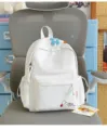 White casual backpack for students, simple solid color school bag with cute flower embroidery. - S / No Pendant / White