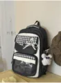Black and white plaid school backpack with clear window, bowknot and cute bear pendant. - Purple Sunglasses Flying Rabbit / Black
