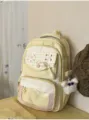 Cute aesthetic yellow plaid school backpack with transparent pocket and bear pendant for daily use. - Purple Sunglasses Flying Rabbit / Yellow