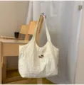Cute dachshund embroidery tote bag, minimalist style canvas shoulder bag for women daily commute. - Off White