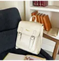 Korean style casual large capacity PU leather backpack off white minimalist daily school bag - No Pendant / Off White