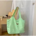 Light green canvas tote bag with cute dog embroidery, minimalist casual daily commuting shoulder bag - Green