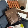 Vintage brown leather backpack for women, casual daily double shoulder bag with flap and buckle. - Chocolate Puppy Pendant Style / Brown