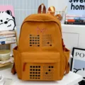 Large capacity yellow student school backpack with grid pattern and casual daily travel design. - Single Bag / Orange