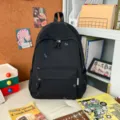 Classic black school backpack with cute cartoon embroidery, lightweight casual daypack for daily. - Single Bag (Without Charms) / Black