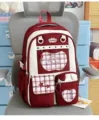 Red white sweet Japanese style school backpack with plaid pockets and cute star charms. - Red