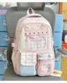 Sweet Japanese style pink beige backpack with cute plaid pockets and rabbit embroidery for school. - Pink