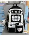 Black and white plaid school backpack for teen girls cute aesthetic twin shoulder bag - Pink Bow Polka Dot Pentagram + Pentagram Cat Badge / Black