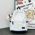 Korean style star print canvas school backpack for students, large capacity daily travel bag. - White with Pendant