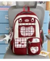 Red and white canvas backpack with cute plaid pockets and star embroidery for sweet girls. - Pink Bow Polka Dot Pentagram + Pentagram Cat Badge / Red