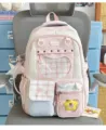 Cute pink plaid school backpack for teen girls, kawaii aesthetic dual shoulder book bag with clear heart window. - Pink Bow Polka Dot Pentagram + Pentagram Cat Badge / Pink
