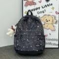 Korean style star print large capacity school backpack for students, casual travel daypack. - Black (With Pendant)