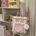 Bonito bolso ita japonés transparente bolso bandolera con bolsillo de malla y lunares - Bolso de Hombro Rosa Con 2 Colgantes