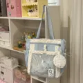 Bolso tote ita de lona japonesa con ventana transparente, gran bolso de hombro con lunares azules. - Bolso de Hombro Azul Con 2 Colgantes