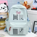 Light blue canvas casual backpack large capacity student school travel bag with grid print - Single Bag / Blue