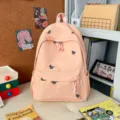 Cute pink embroidered school backpack for students, casual lightweight daypack for daily use. - Single Bag (Without Charms) / Pink