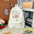 Cute embroidered canvas backpack for students, stylish lightweight casual daypack school bag - With Pendant / White