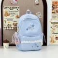 Cute light blue school backpack with lace trim, sweet bow, snowflake embroidery, large capacity campus bag. - Blue (with Pendant)