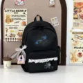 Girls black school backpack with bow lace, large capacity campus commuter bag for daily. - Black (with Pendant)