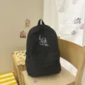 Black grid student backpack with white embroidery, lightweight casual school bag for girls. - L / Black