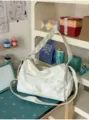 Korean style fresh light green star print canvas shoulder bag for daily casual travel use. - No Pendant / Green