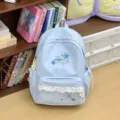 Light blue school backpack with lace trim, snowflake embroidery and large daily capacity. - Blue Single Bag