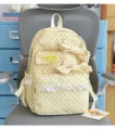 Yellow polka dot canvas backpack with cute double bows and lace trim for daily travel use. - Yellow