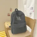 Casual dark grey plaid student backpack with cute white embroidery for daily school and outings - L / Dark Gray