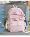Pink polka dot backpack with cute bows and lace trim, sweet style school bag for girls. - Pink