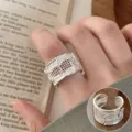 Silver wide open ring, geometric mesh textured variant design, minimalist fashion jewelry for women. - Open Adjustable / Wide Mesh Woven Design Style (JZ7908)