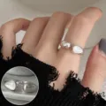 S925 silver irregular imitation pearl open ring, trendy niche design index finger ring for women. - Open Adjustable / Baroque Artificial Pearl Glossy Metal Open Ring (JZ7707) / Silver