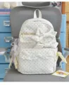 White polka dot backpack with double bows and lace trim, cute sweet school bag for girls. - White with Purple Polka Dot Lace Ribbon