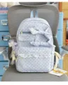 Blue polka dot backpack with double bows and lace trim, cute style school bag variant. - Blue with Purple Polka Dot Lace Ribbon