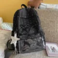 Korean sweet style black polka dot bow backpack with clear front pocket for daily student use. - Polka Dot Pentagram / L / Black