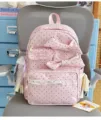 Pink polka dot backpack with cute bows, lace trim, and soft student bookbag style. - Pink with Purple Polka Dot Lace Ribbon