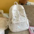 Korean sweet style white polka dot bow student backpack casual daily campus daypack - Polka Dot Pentagram / L / White