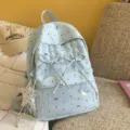 Korean sweet polka dot bow student backpack with clear front pocket casual daily school bag - Polka Dot Pentagram / S / Blue