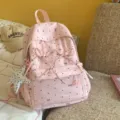 Pink polka dot cute backpack with bow and clear front pocket for daily school student girls. - Polka Dot Pentagram / S / Pink