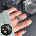 Vintage silver open ring featuring a green gemstone and gothic flower design for women variant. - Open Adjustable / JZ6044