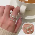 Silver bow ring with dangling beads, elegant sweet fashion open finger ring for women chic - Open Adjustable / Bowknot Double Dangle Bead Style (JZ7502)