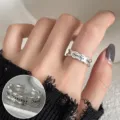 Korean style irregular silver ring with letter engraving, trendy fashion open ring for women. - Open Adjustable / Irregular Graffiti Letter Engraved Ring (JZ7706) / Silver